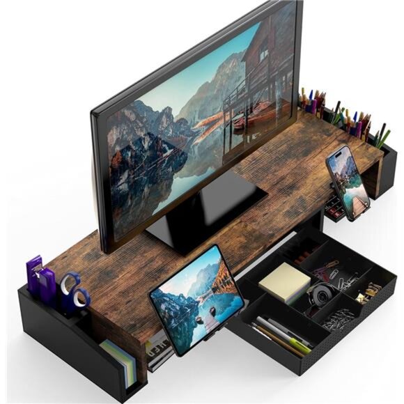 Simple Houseware Desk Dual Monitor Stand Riser with Drawer, Rustic Brown - Picture 2 of 6